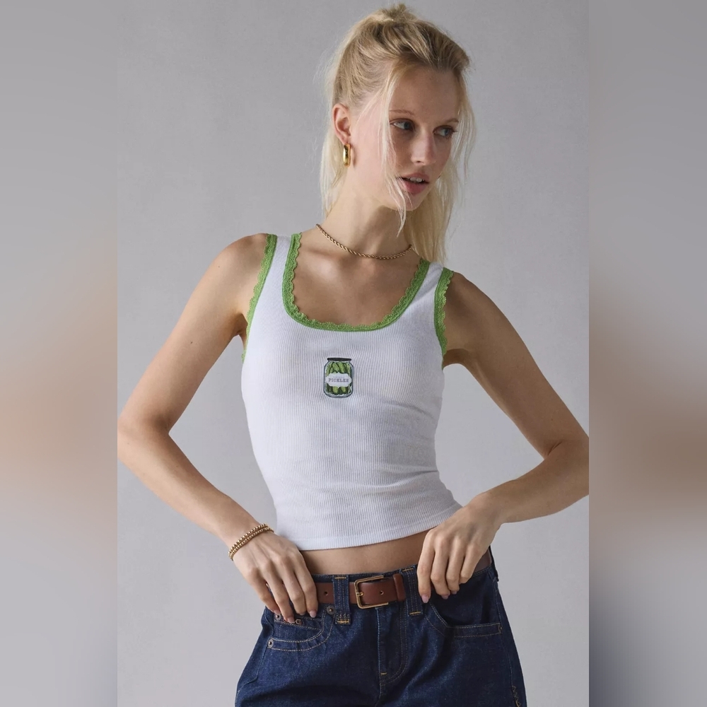 NWT Urban Outfitters Lace Trim Graphic Scoop Neck Cropped Tank Top In Pickle, L